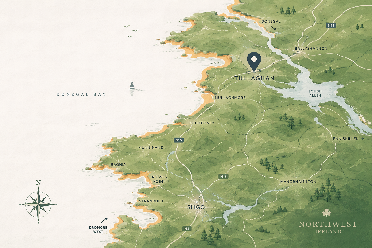 Illustrated map of Northwest Ireland showing Donegal, Sligo and Leitrim with the towns CK Painting serves